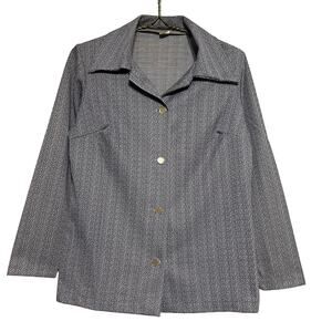 Vintage 70s Size Large Blue Herringbone Polyester Dart Collar Button Blouse Top